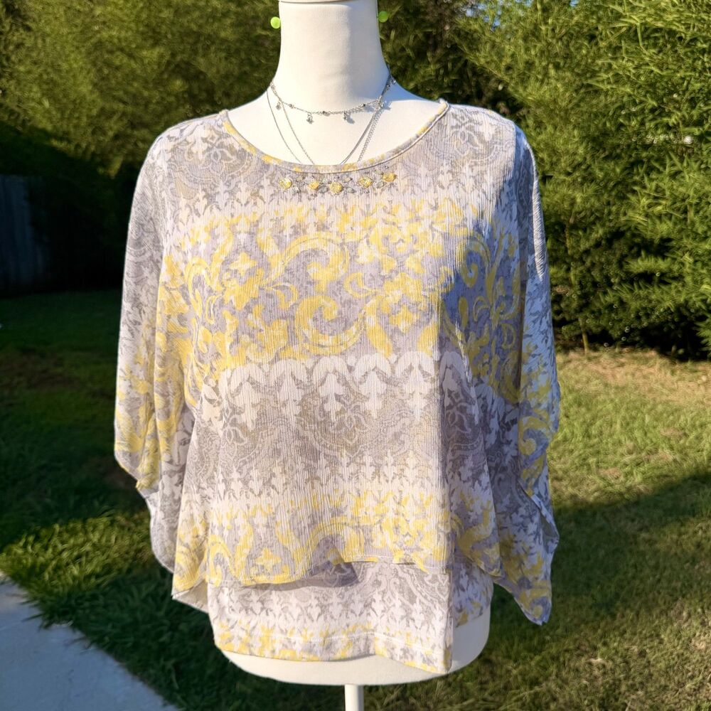 Yellow Gray Layered Blouse Sheer Flowy Embellished Top Petite 10P Alfred Dunner